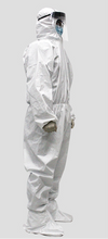 Load image into Gallery viewer, Side view of white, protective coveralls used for protection against hazardous liquids.  Full body protection with cinched wrist and ankle cuffs.  Zipper closure. 
