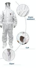 Load image into Gallery viewer, Front view of white, protective coveralls used for protection against hazardous liquids.  Full body protection with cinched wrist and ankle cuffs.  Zipper closure. 
