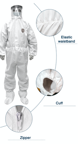Front view of white, protective coveralls used for protection against hazardous liquids.  Full body protection with cinched wrist and ankle cuffs.  Zipper closure. 